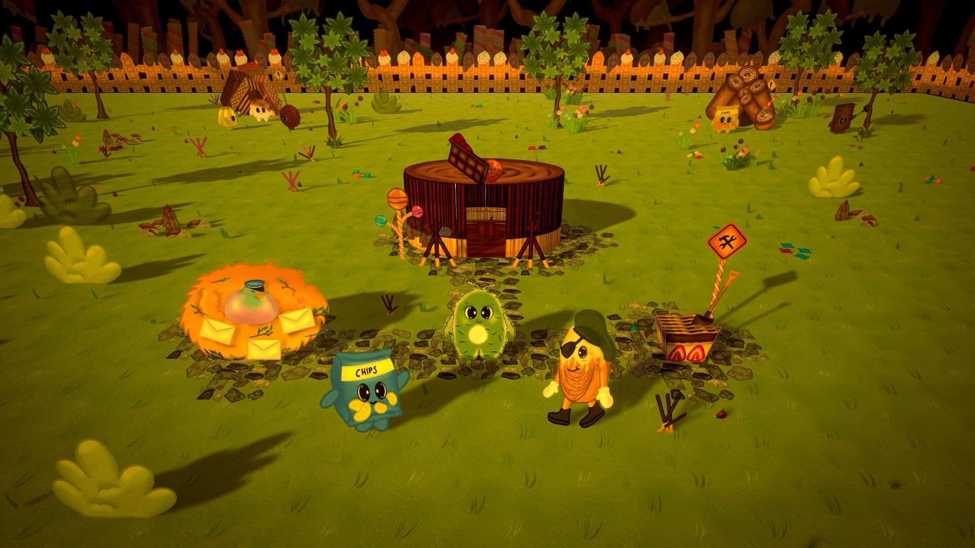 Pom and allies in the resistance hideout, surrounded by base buildings.
