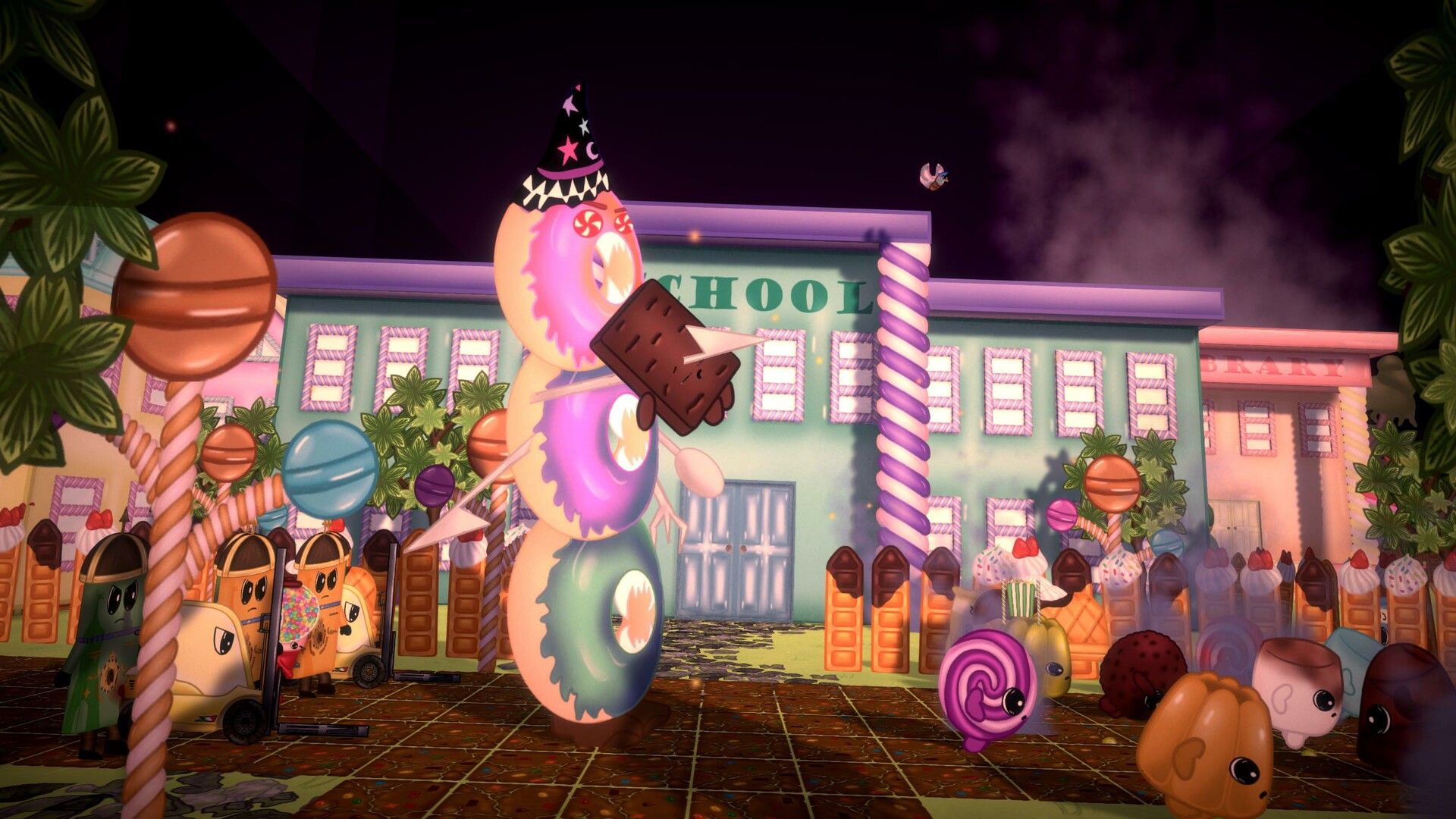 A Candy Kingdom school beneath a towering donut statue, with snack citizens in the street.