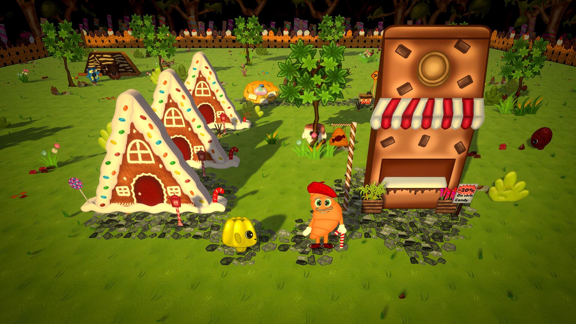 Gingerbread houses and a chocolate-bar shop in the rebels' camp.
