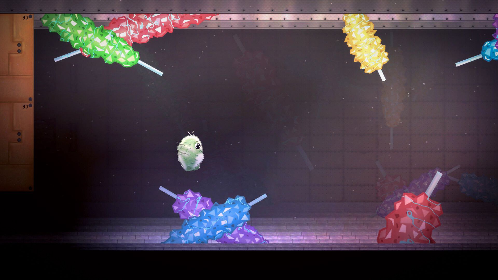 Pom leaps past giant crystal candy hazards in a factory chamber.