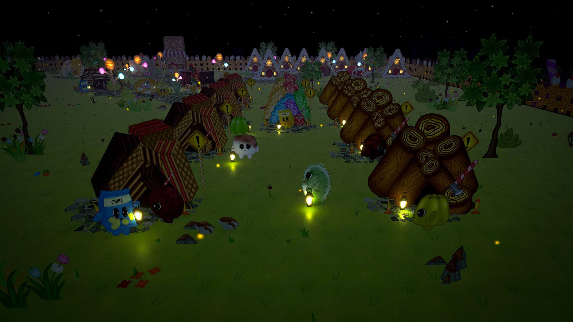 The rebel camp at night, glowing with small lights.