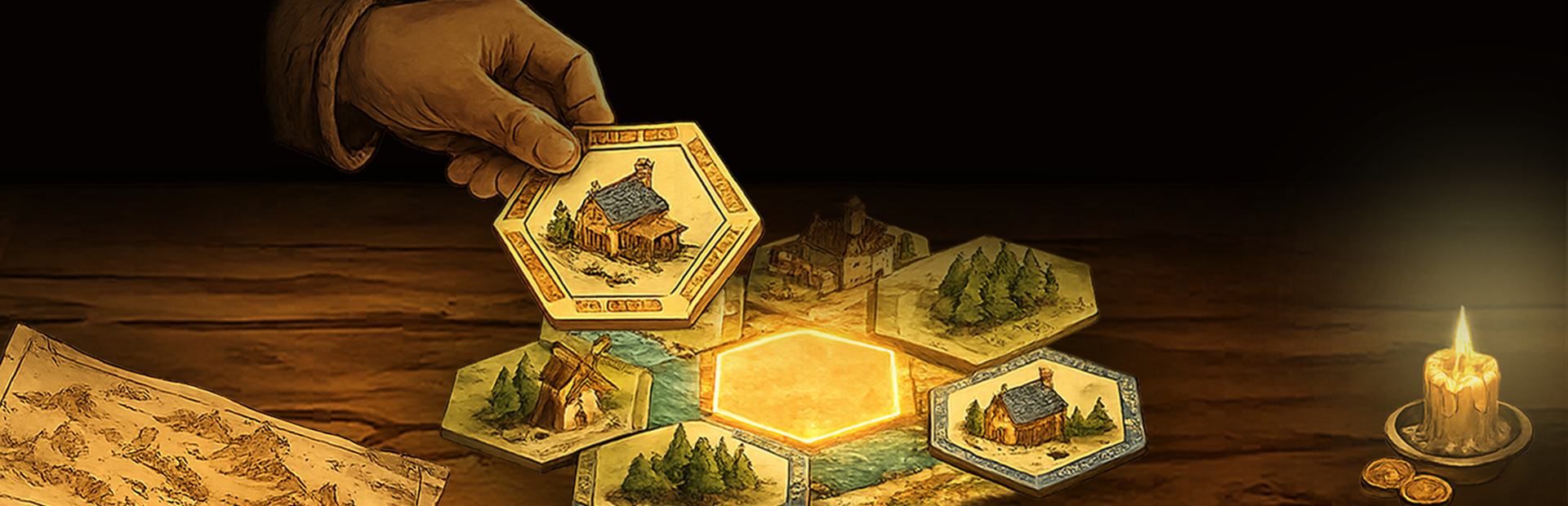 A hand places a hexagonal tile onto a candlelit tabletop map.