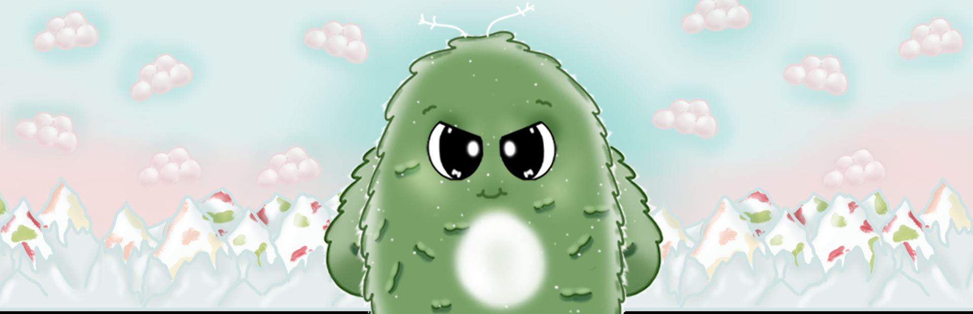 Pom, the green mold hero of Bite the Crown, against a pastel candy landscape.