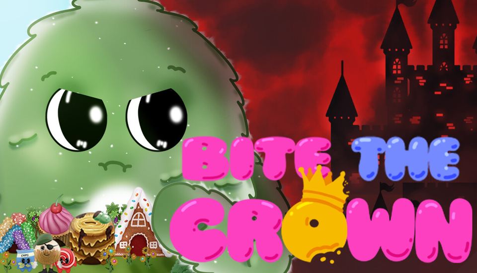 Bite the Crown key art: Pom, a green mold with a determined stare, before the Candy Kingdom's castle and the Bite the Crown logo.