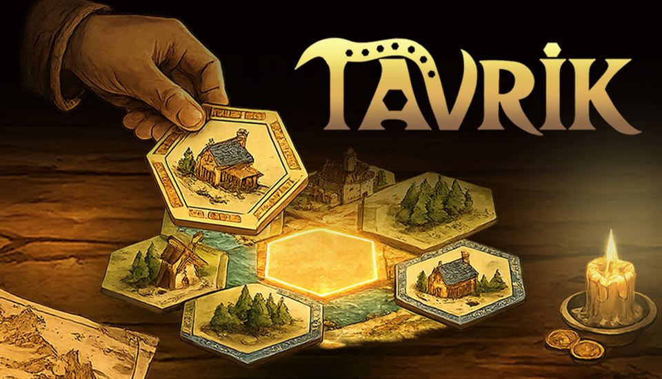 Tavrik key art: a hand places a hexagonal tile on a candlelit tabletop map beneath the Tavrik logo.