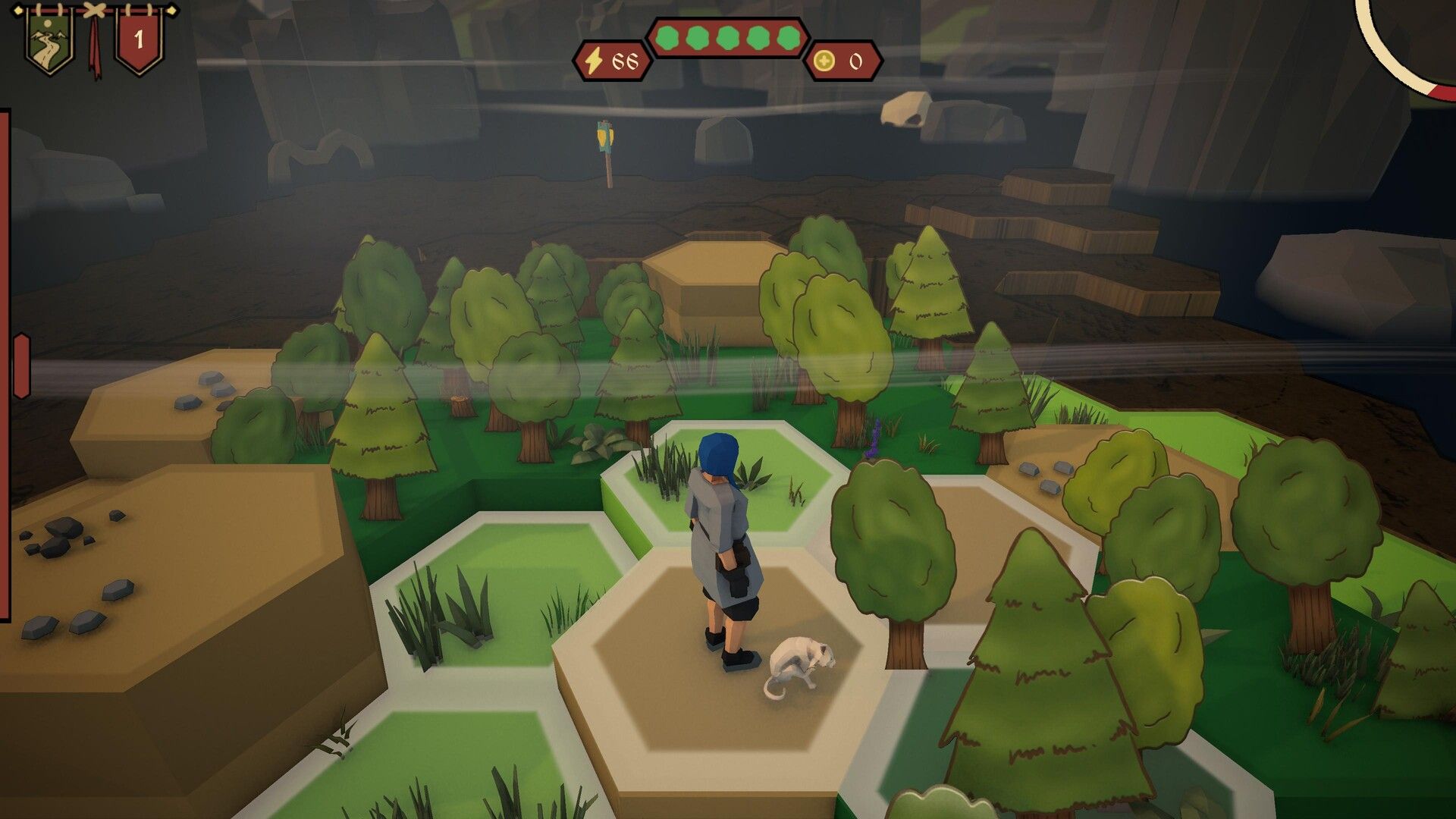 A hooded traveler and a white companion cat stand on a stone hex tile in a forest.
