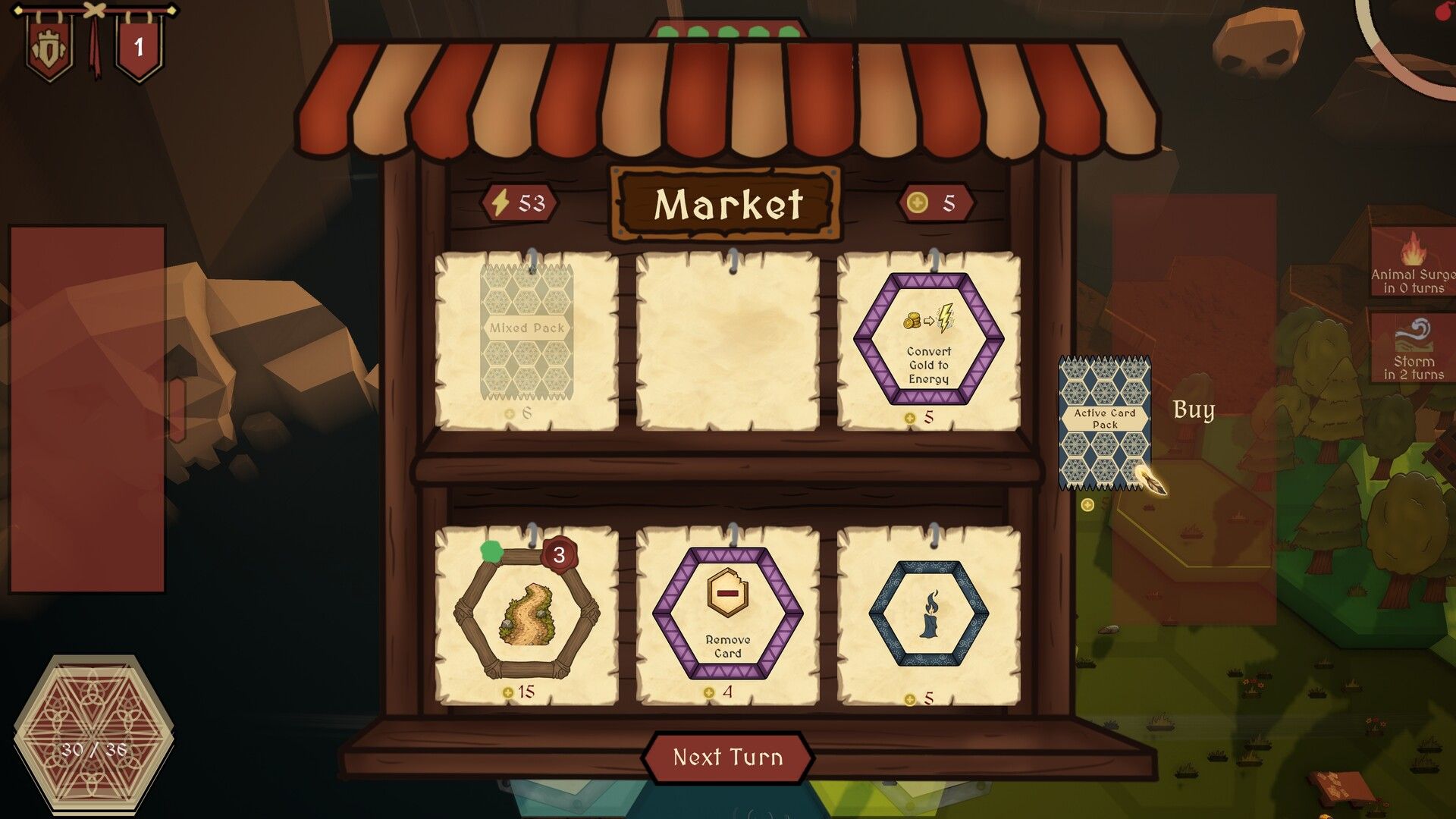 The market screen, where card packs and upgrades are bought with gold.