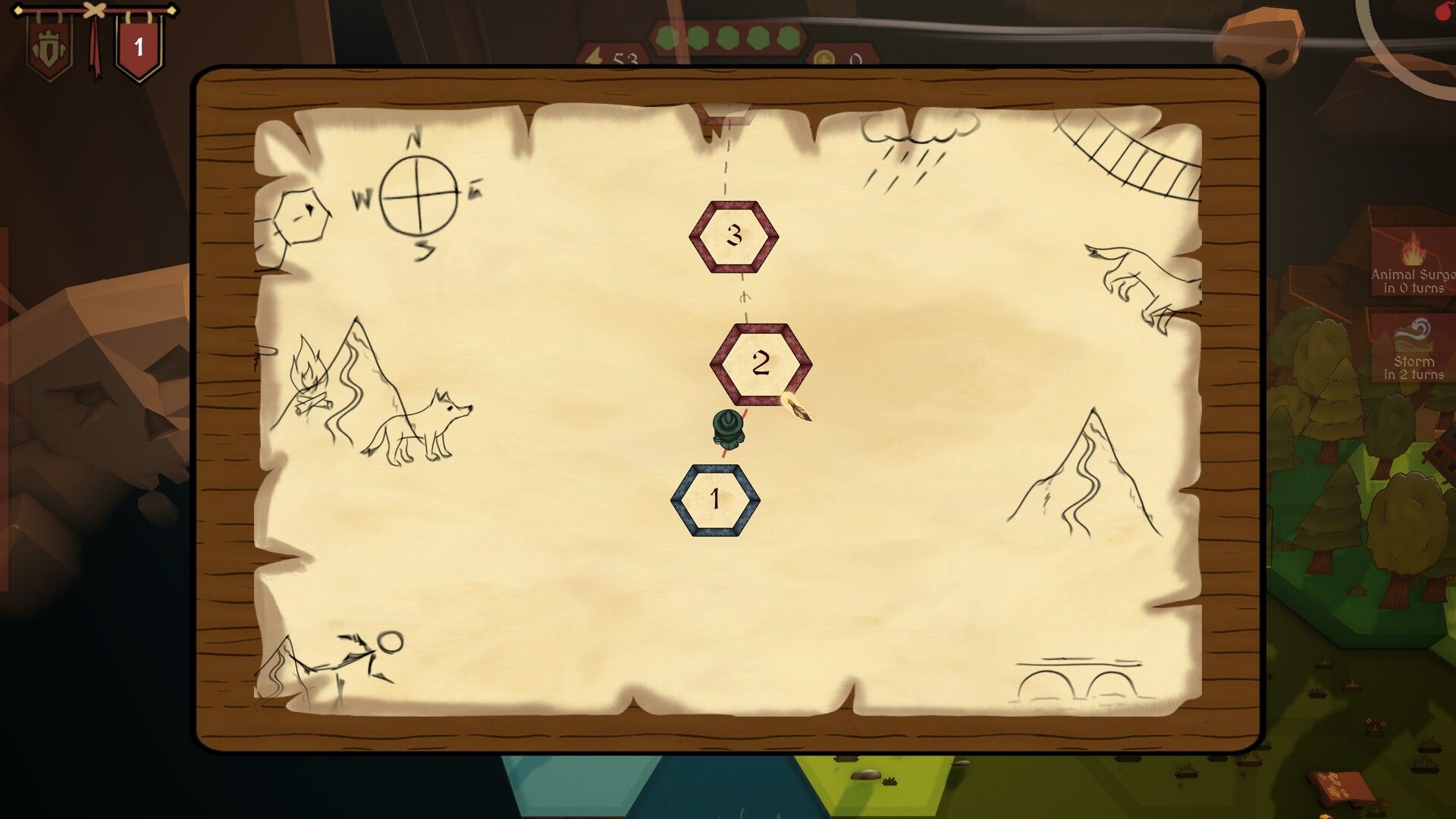 A parchment map showing three numbered stages of the journey.