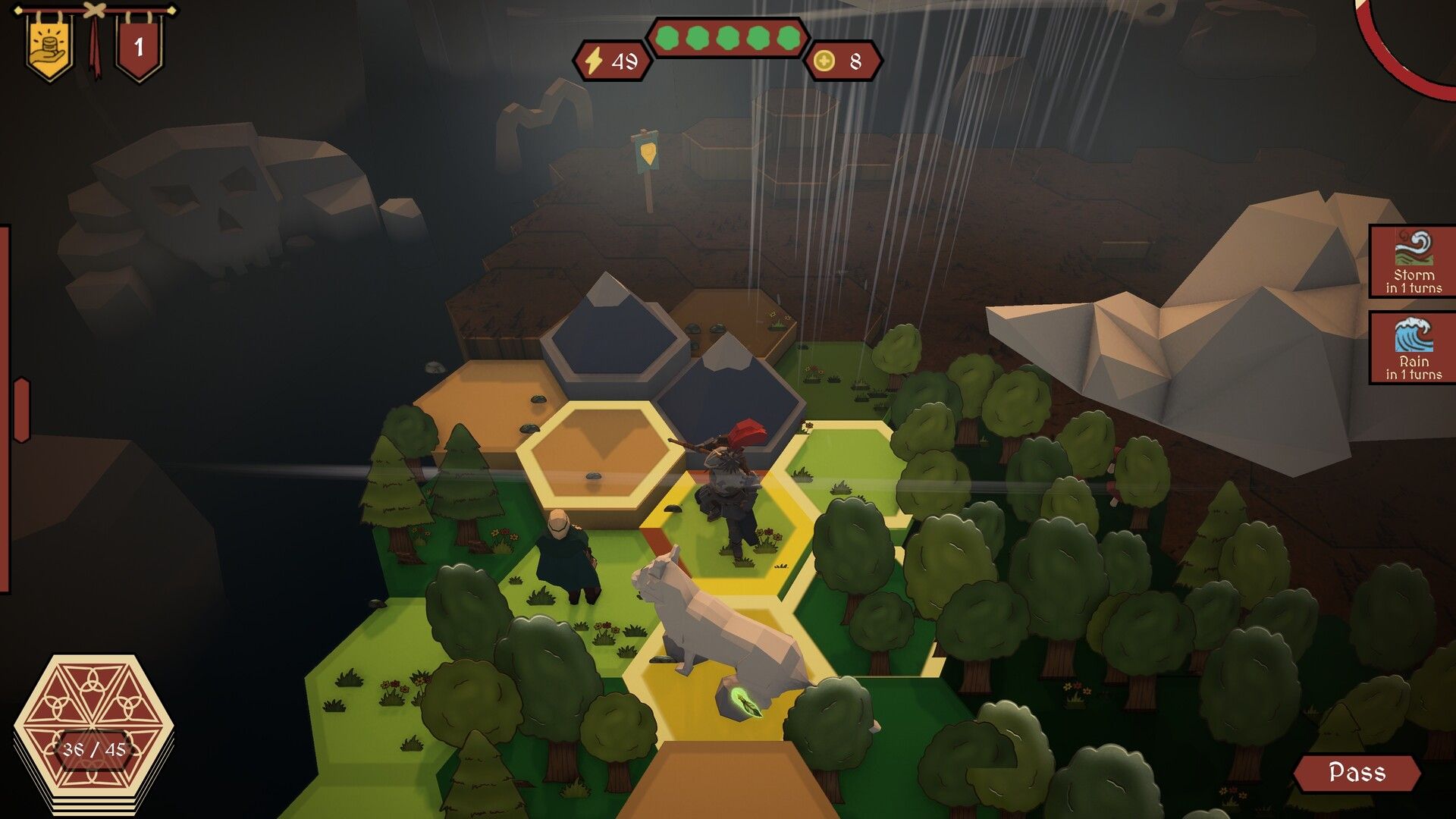 Travelers on a forested hex map as rain falls on a nearby tile.
