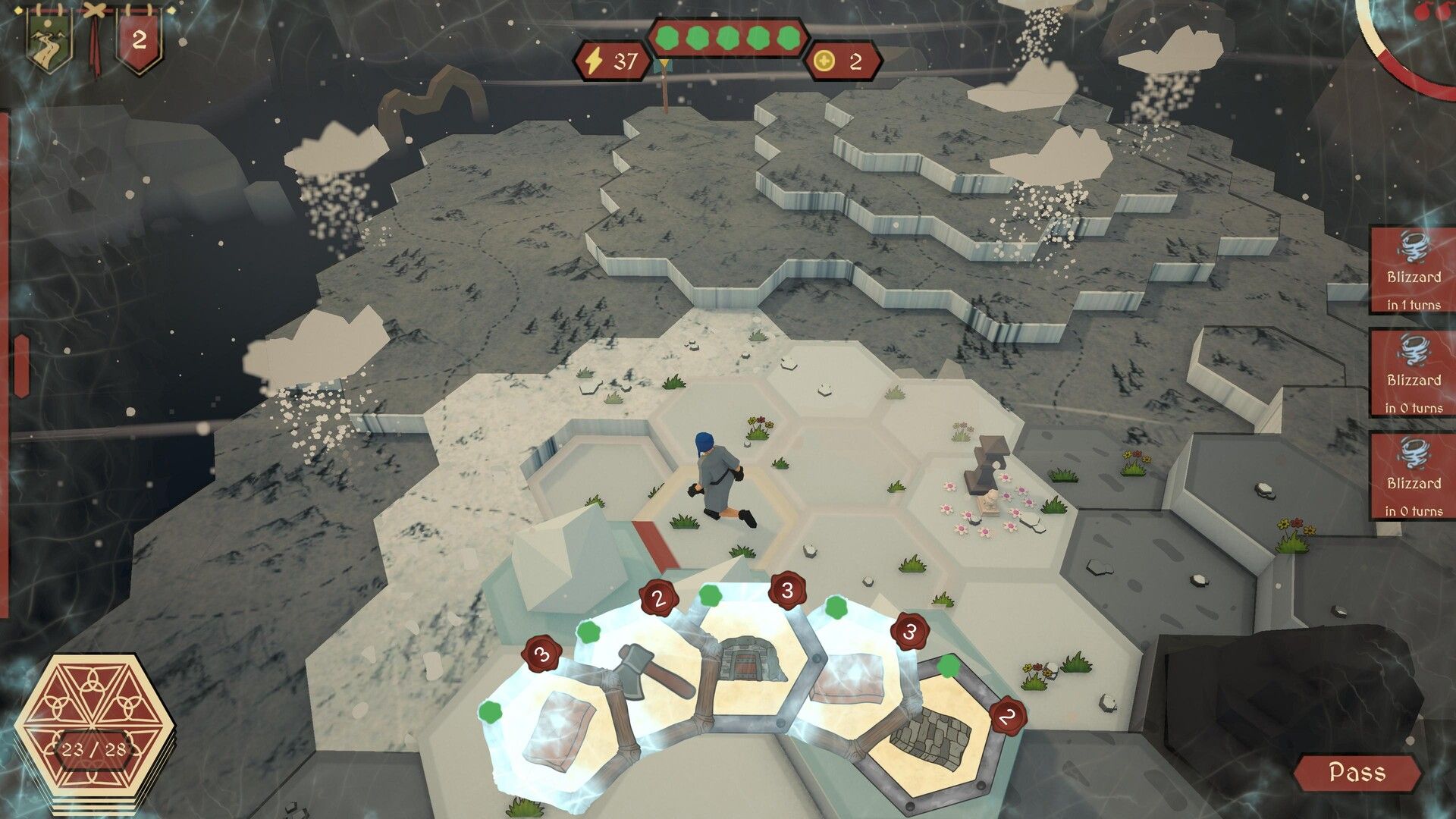A snow-covered hex map caught in a blizzard.