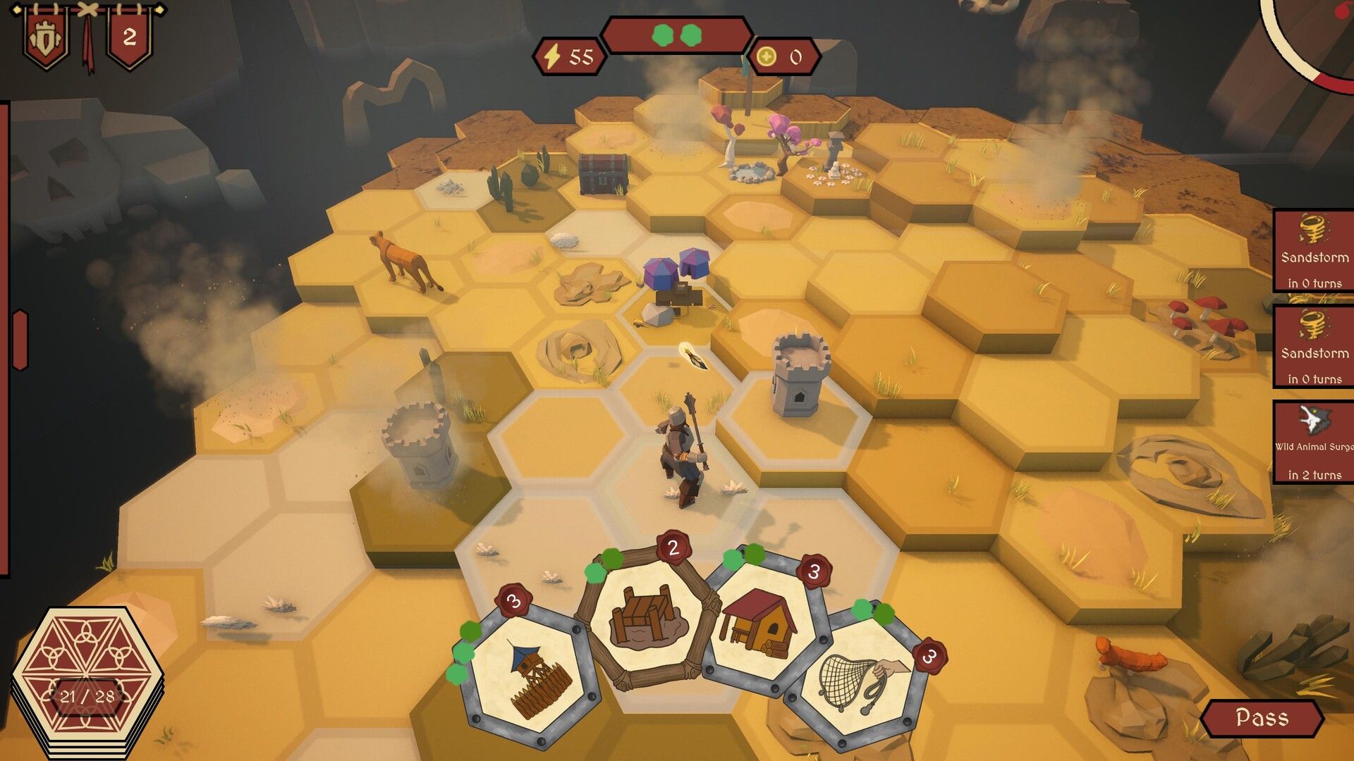 A golden hex-tile landscape with buildings, drifting smoke, and a hand of cards.